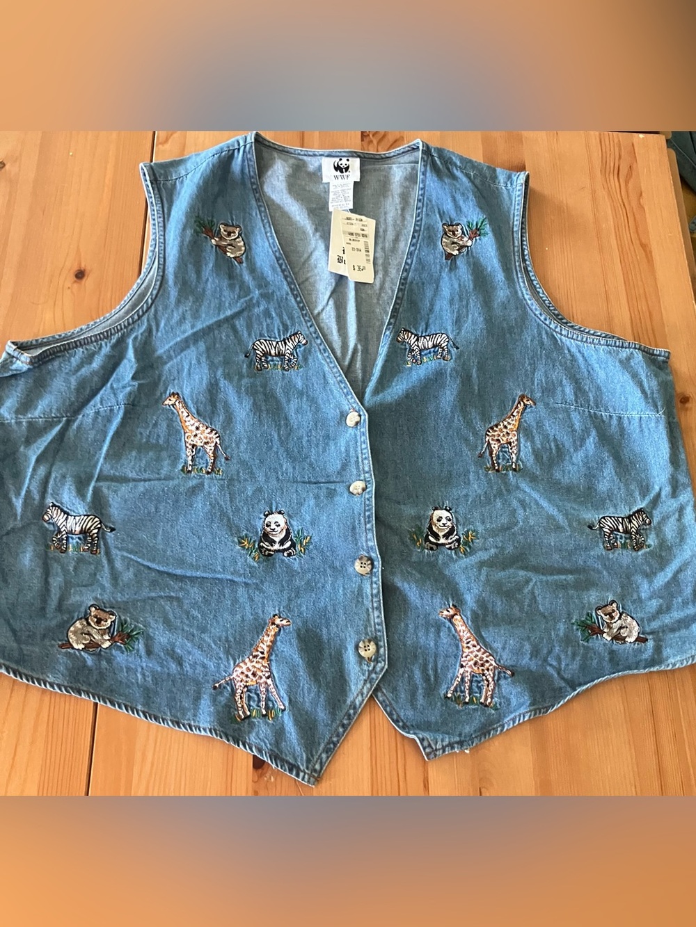 NWT RARE Vintage WWF Blue Denim Animal Embroidered Vest Women’s Size 22/24